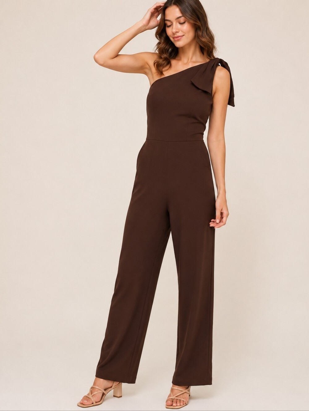Happy x Nature One Shoulder Linen Blend Jumpsuit Brown Wide Leg Size 12 NWT